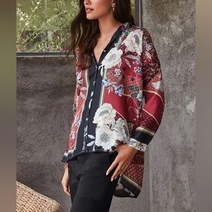 Johnny Was Crane Mallory Button Down Multi Silk Large